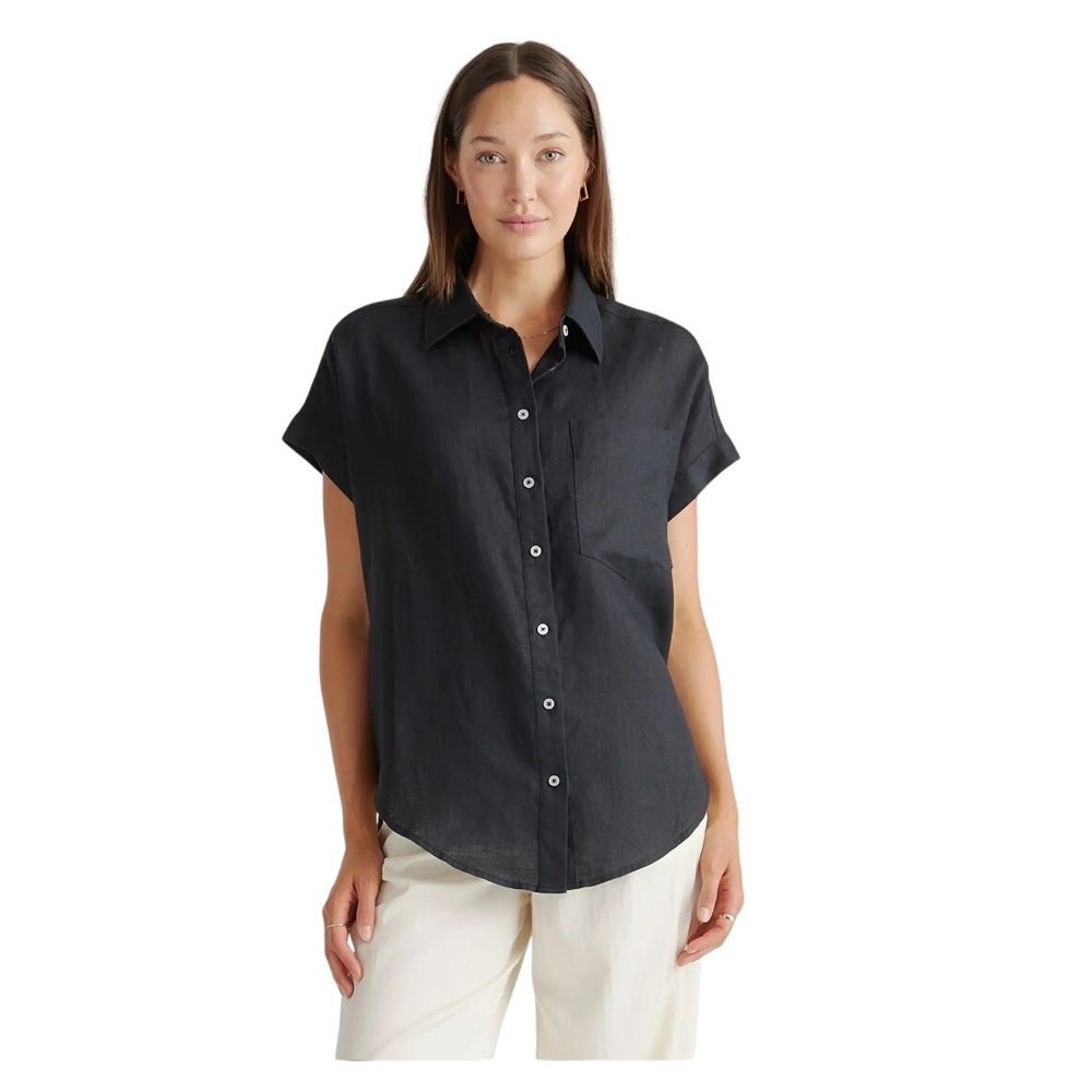 Quince European Linen Short Sleeve Camp Shirt Minimalist Classic Black M